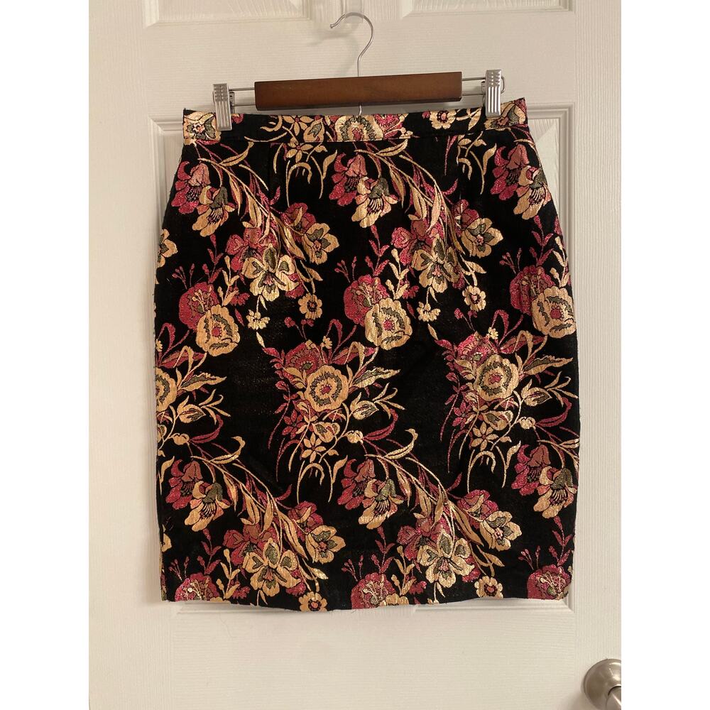 Vintage 1990s Floral Brocade Pencil Skirt Metallic Black Pink Gold Size 11/12